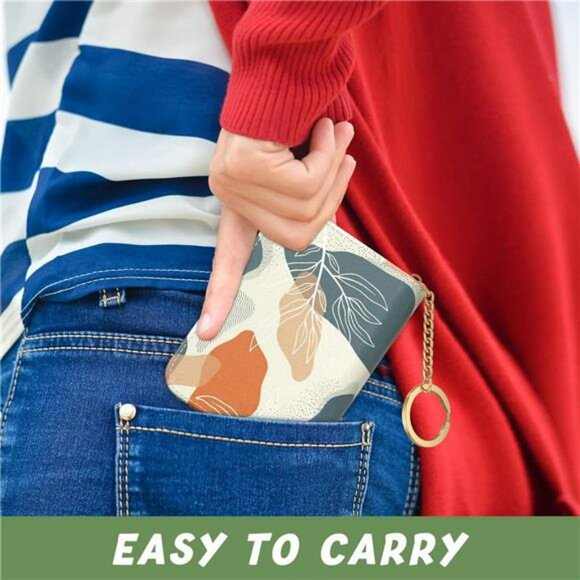 RFID leather credit card holder wallet slim boho leaves zipper small purse - Picture 7 of 8